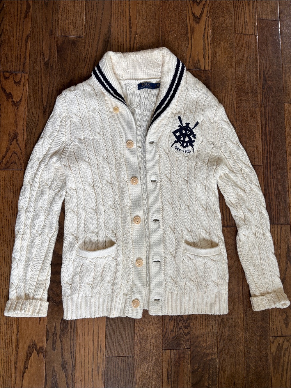 Vintage Polo Ralph Lauren Cream Cable-Knit Shawl-Collar Cardigan with Navy Tri - Picture 2 of 7